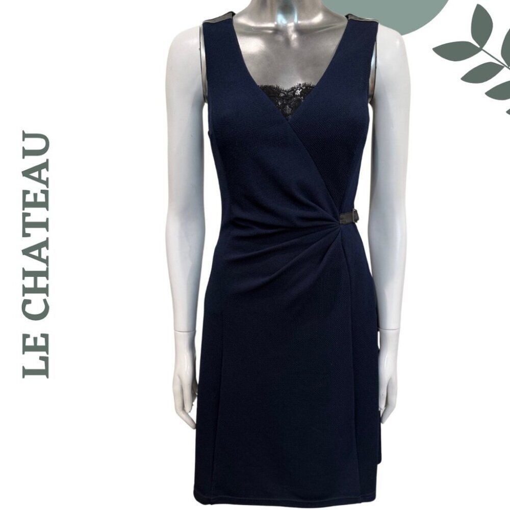 Le Château Navy Faux Wrap Dress with Lace Detail | Sleeveless Ruched | Size XXS